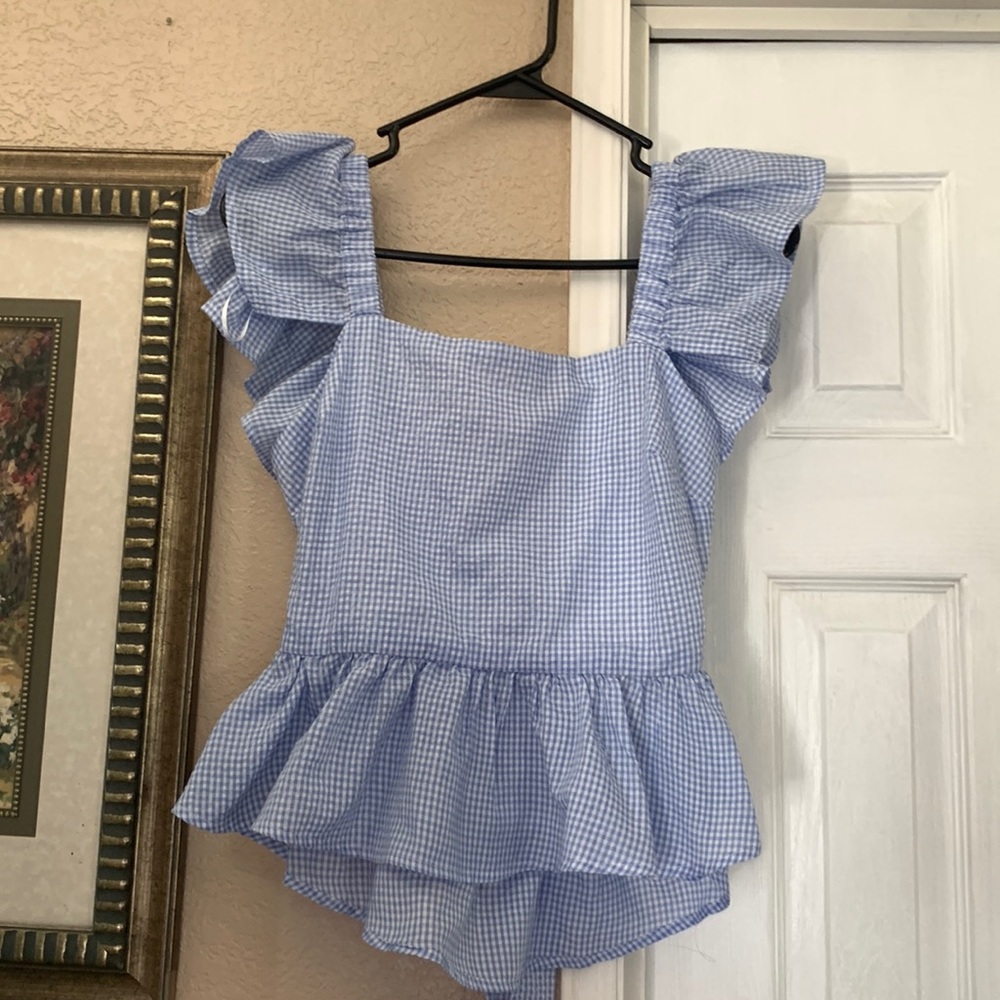 White Blue Plaid Coquette Bow Women’s Top